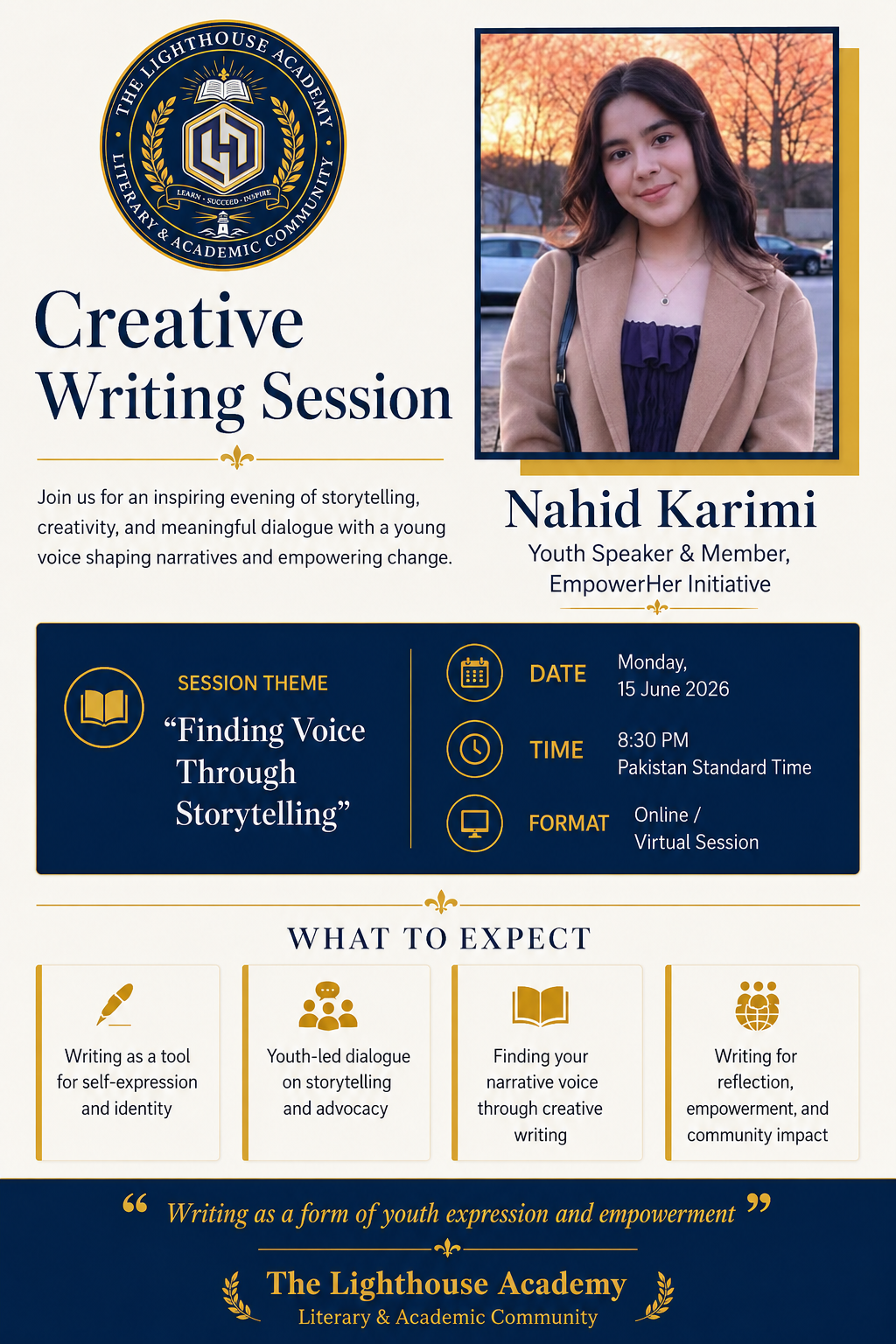 TLHA flyer for the Creative Writing Session 'Finding Voice Through Storytelling' with guest Nahid Karimi