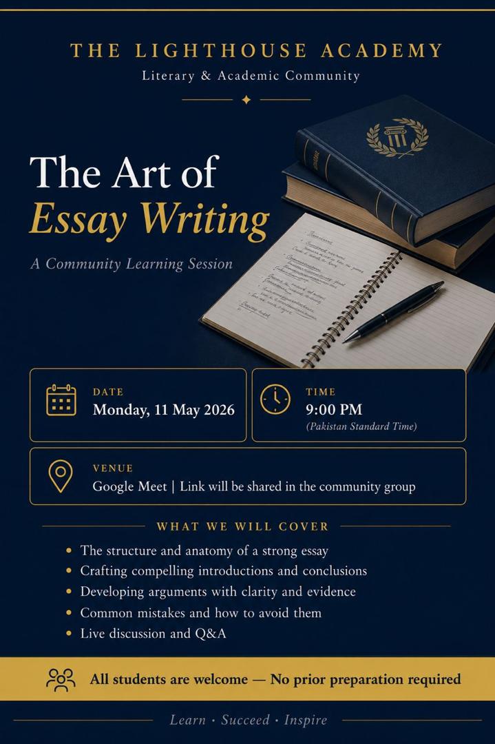 The Lighthouse Academy flyer for 'The Art of Essay Writing' community learning session