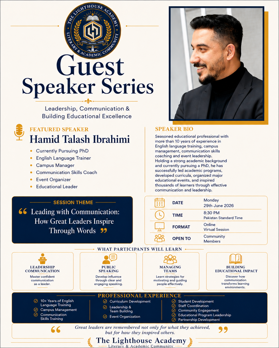 TLHA Guest Speaker Series flyer featuring Hamid Talash Ibrahimi on leadership and communication